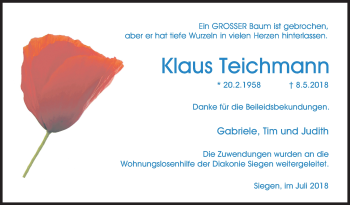 Traueranzeige von Klaus Teichmann von Siegener Zeitung