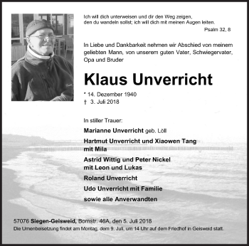 Traueranzeige von Klaus Unverricht von Siegener Zeitung