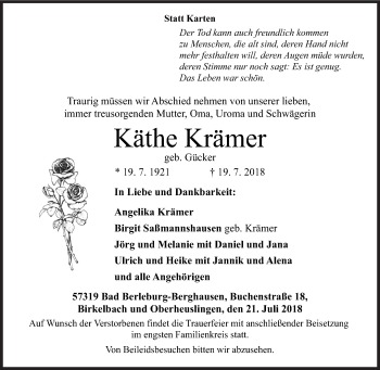 Traueranzeige von Käthe Krämer von Siegener Zeitung