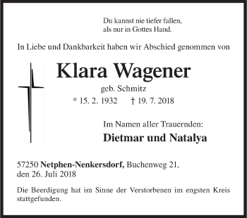 Traueranzeige von LKlara Wagener von Siegener Zeitung