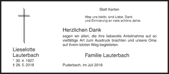 Traueranzeige von Lieselotte Lauterbach von Siegener Zeitung
