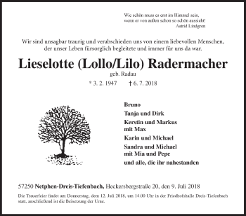 Traueranzeige von Lieselotte  Radermacher von Siegener Zeitung