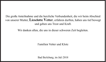 Traueranzeige von Lieselotte Vetter von Siegener Zeitung