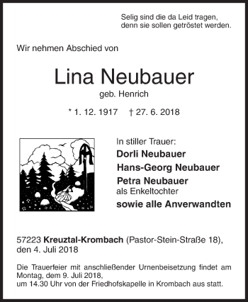 Traueranzeige von Lina Neubauer von Siegener Zeitung