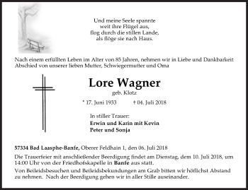Traueranzeige von Lore Wagner von Siegener Zeitung