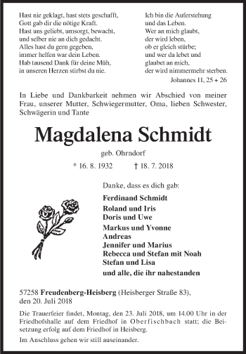 Traueranzeige von Magdalena Schmidt von Siegener Zeitung