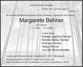 Traueranzeige von Margarete Behner von Siegener Zeitung