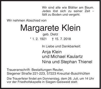 Traueranzeige von Margarete Klein von Siegener Zeitung
