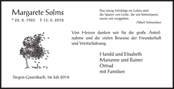 Traueranzeige von Margarete Solms von Siegener Zeitung