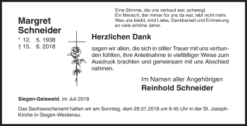 Traueranzeige von Margret Schneider von Siegener Zeitung