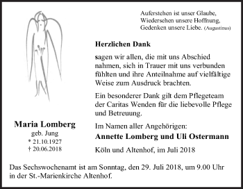 Traueranzeige von Maria Lomberg von Siegener Zeitung