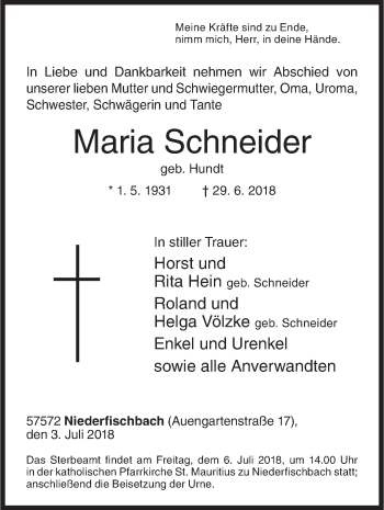 Traueranzeige von Maria Schneider von Siegener Zeitung