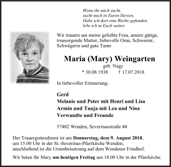 Traueranzeige von Maria Mary Weingarten von Siegener Zeitung
