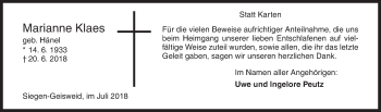 Traueranzeige von Marianne Klaes von Siegener Zeitung