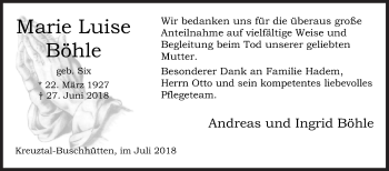 Traueranzeige von Marie Luise Böhle von Siegener Zeitung