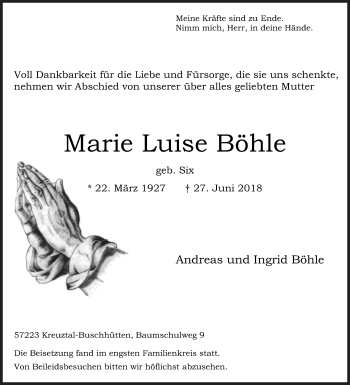 Traueranzeige von Marie Luise Böhle von Siegener Zeitung