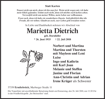 Traueranzeige von Marietta Dietrich von Siegener Zeitung