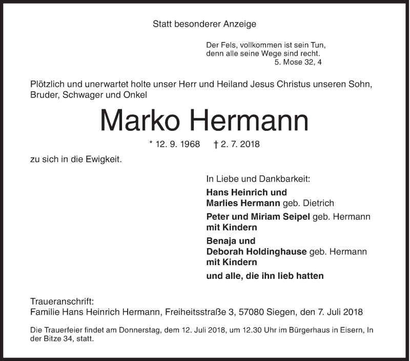  Traueranzeige für Marko Hermann vom 07.07.2018 aus Siegener Zeitung