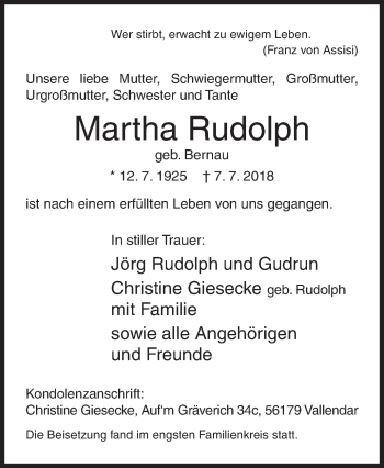 Traueranzeige von Martha Rudolph von Siegener Zeitung
