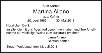 Traueranzeige von Martina Aliano von Siegener Zeitung