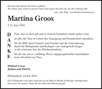 Traueranzeige von Martina Groos von Siegener Zeitung