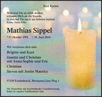 Traueranzeige von Mathias Sippel von Siegener Zeitung