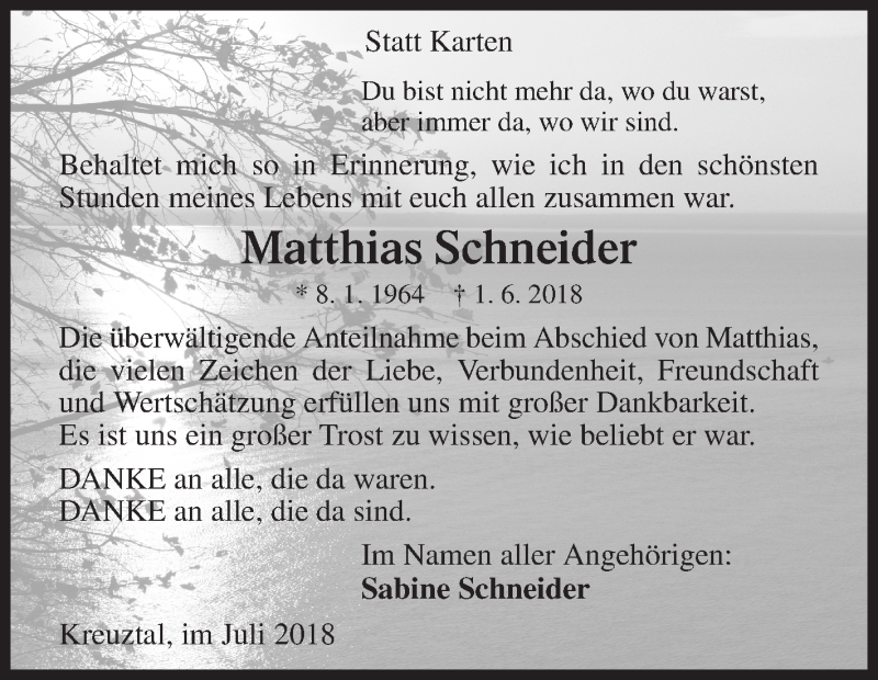  Traueranzeige für Matthias Schneider vom 07.07.2018 aus Siegener Zeitung