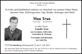 Traueranzeige von Mau Tran von Siegener Zeitung
