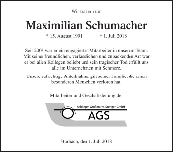 Traueranzeige von Maximilian Schumacher von Siegener Zeitung
