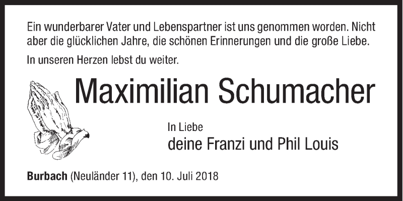  Traueranzeige für Maximilian Schumacher vom 10.07.2018 aus Siegener Zeitung