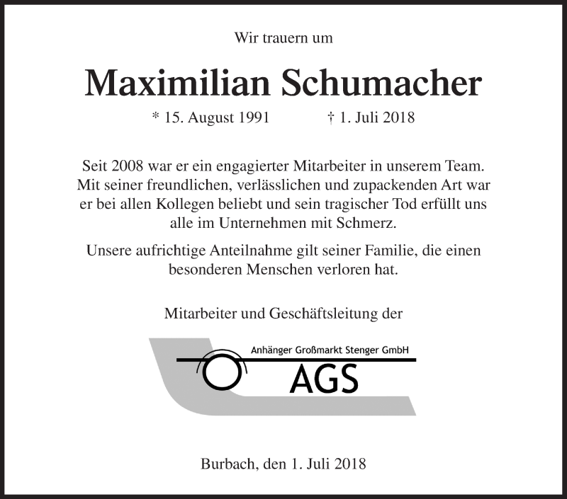  Traueranzeige für Maximilian Schumacher vom 07.07.2018 aus Siegener Zeitung