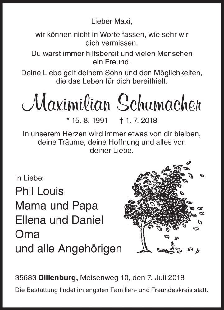  Traueranzeige für Maximilian Schumacher vom 07.07.2018 aus Siegener Zeitung