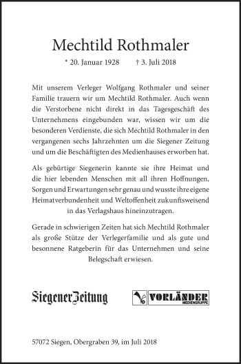Traueranzeige von Mechtild Rothmaler von Siegener Zeitung