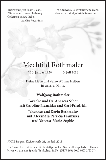 Traueranzeige von Mechtild Rothmaler von Siegener Zeitung