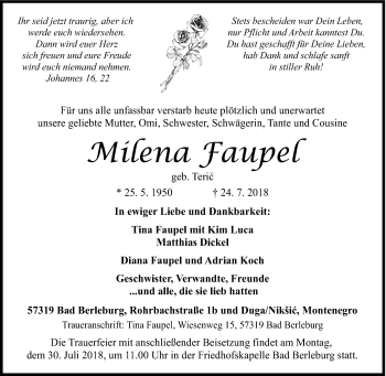 Traueranzeige von Milena Faupel von Siegener Zeitung