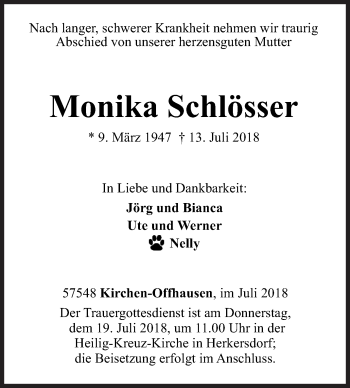 Traueranzeige von Monika Schlösser von Siegener Zeitung