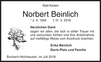 Traueranzeige von Norbert Beinlich von Siegener Zeitung