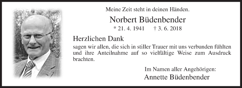  Traueranzeige für Norbert Büdenbender vom 28.07.2018 aus Siegener Zeitung