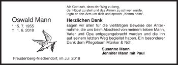 Traueranzeige von Oswald Mann von Siegener Zeitung