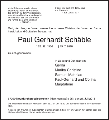 Traueranzeige von Paul Gerhardt Schäble von Siegener Zeitung