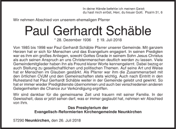 Traueranzeige von Paul Gerhardt Schäble von Siegener Zeitung