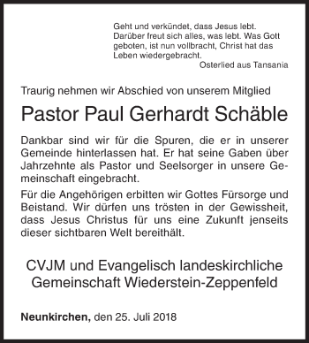 Traueranzeige von Paul Gerhardt Schäble von Siegener Zeitung