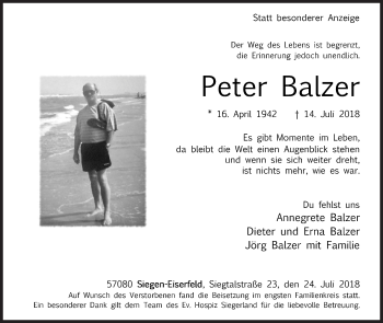 Traueranzeige von Peter Balzer von Siegener Zeitung