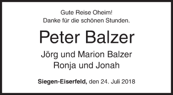 Traueranzeige von Peter Balzer von Siegener Zeitung