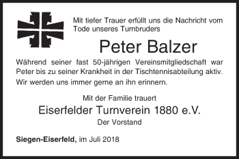 Traueranzeige von Peter Balzer von Siegener Zeitung