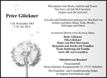 Traueranzeige von Peter Glöckner von Siegener Zeitung
