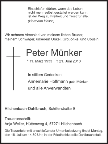 Traueranzeige von Peter Münker von Siegener Zeitung