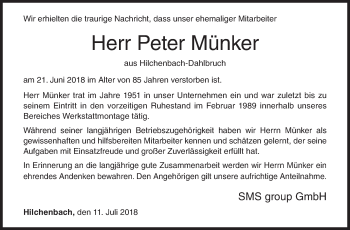 Traueranzeige von Peter Münker von Siegener Zeitung