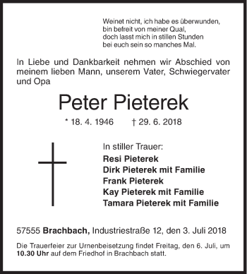 Traueranzeige von Peter Pieterek von Siegener Zeitung