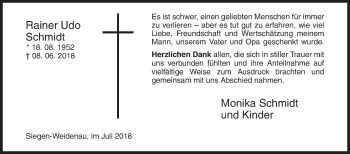 Traueranzeige von Rainer Udo Schmidt von Siegener Zeitung